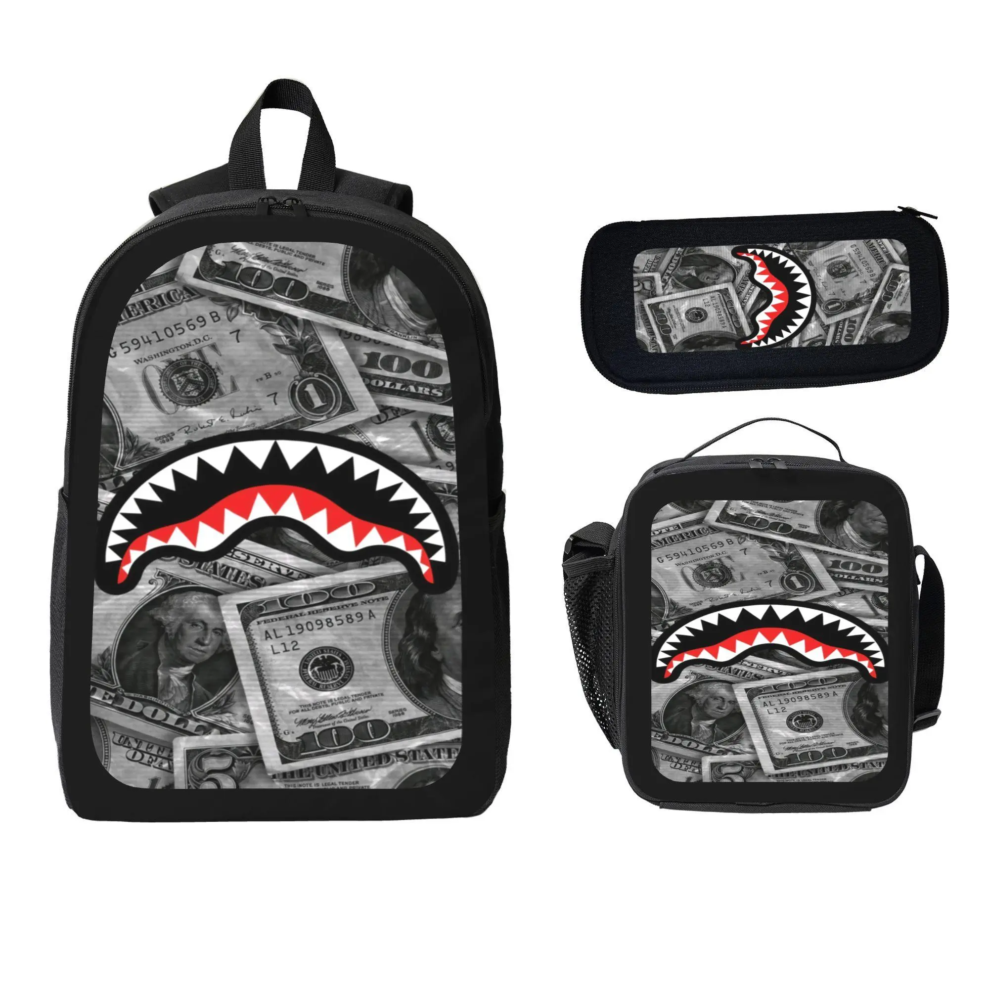 3 In 1 Shark Mouth Dollar Print Kids Backpack Set, Boys Street Style School Backpack with Lunch Bag and Pencil Case, Hip Hop School Bag