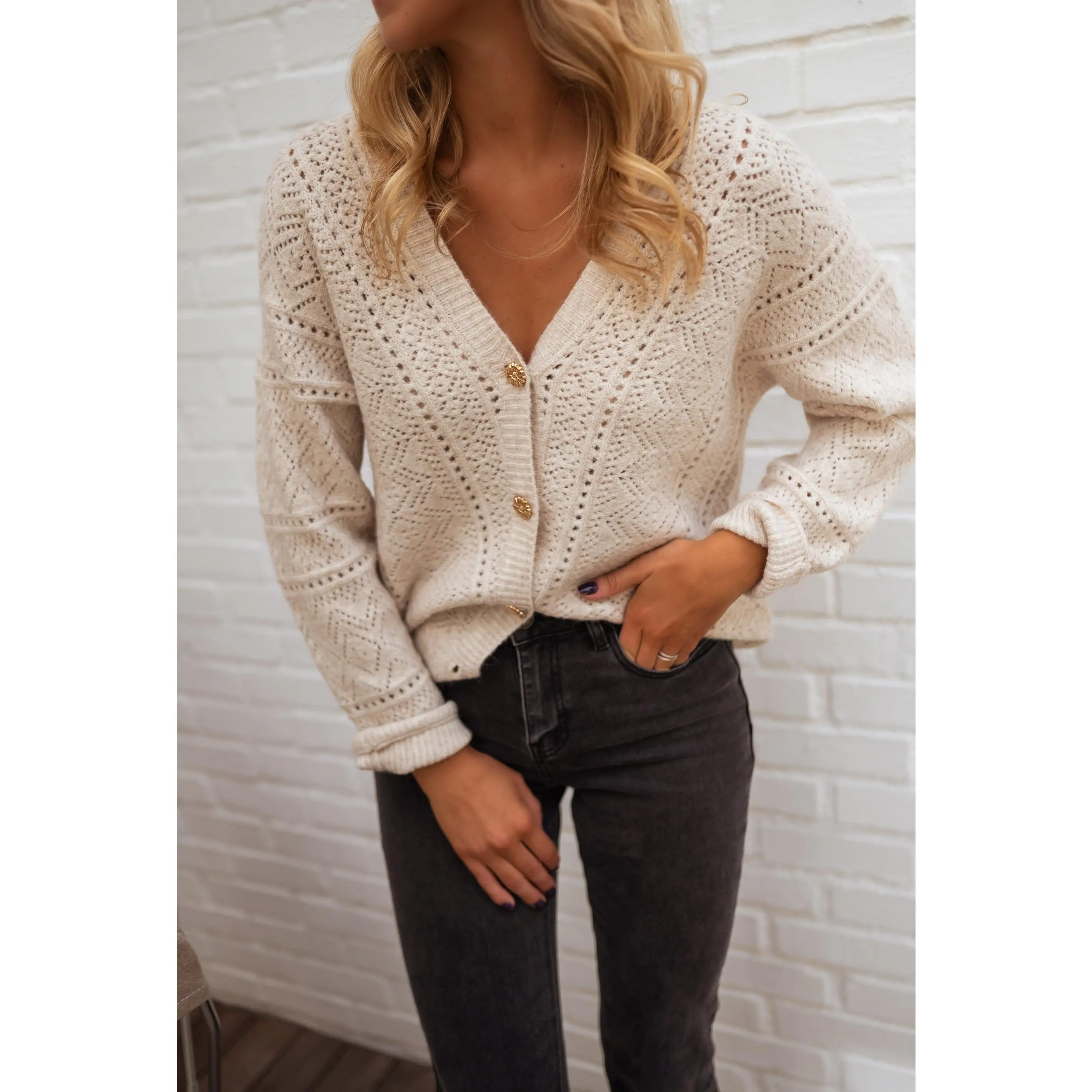 EASY CLOTHES Beige Xavier Cardigan, Women's Casual Polyester-Spandex Golden Knit Top