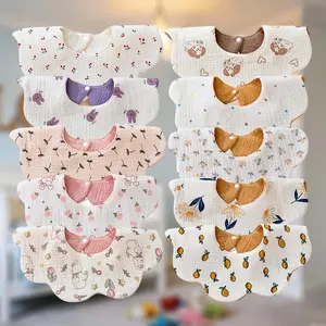 DOSMINE 10PCS Baby Muslin Bibs - 360° Rotating Organic Cotton Drool Bibs with Waterproof Layer Super Absorbent Reversible Essential Newborn Gift Set