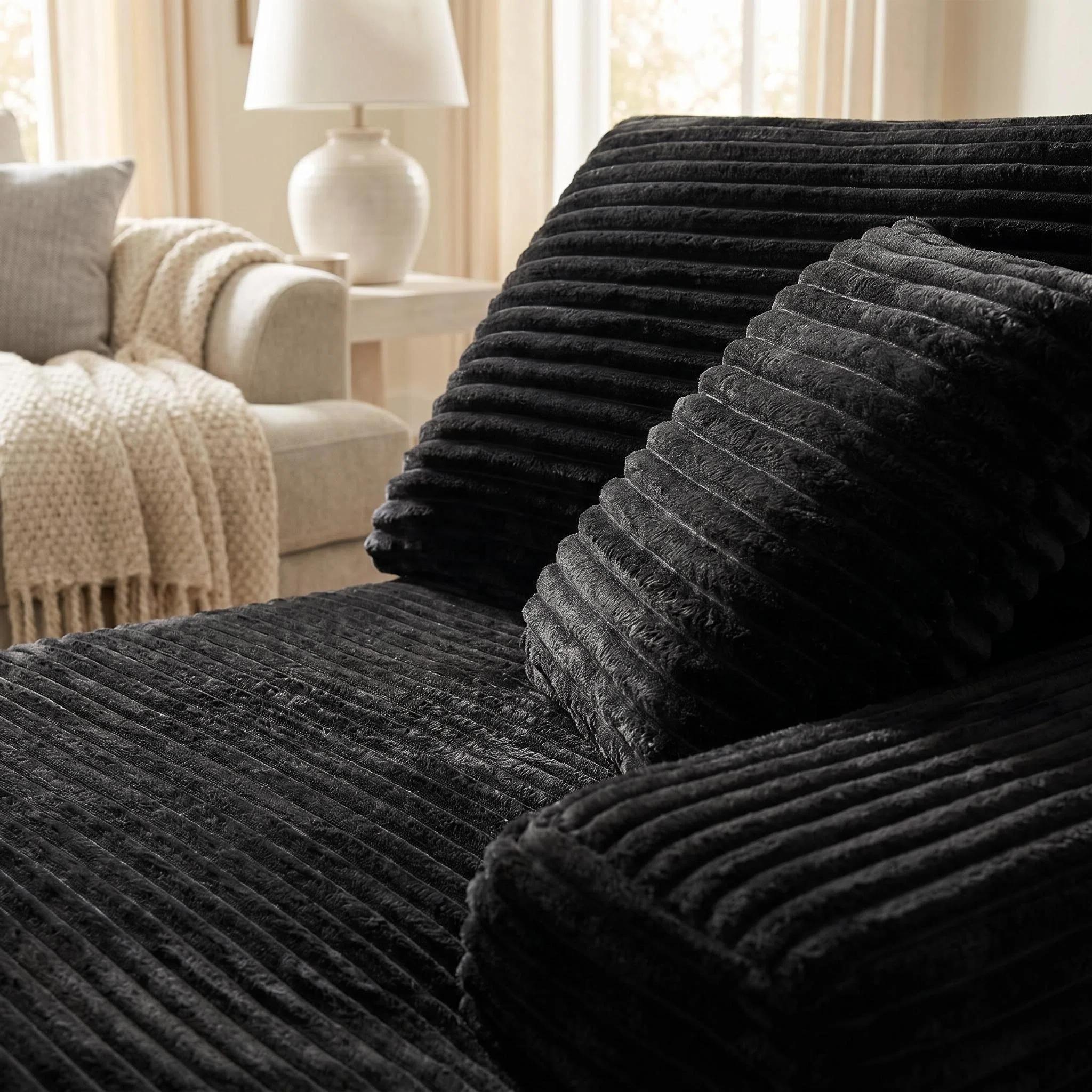 Chaise Lounge Chair Indoor Sleeper Black Corduroy Modular Sofa Couch, Legless Floor-Hugging Armless Accent Chair for Living Room Bedroom, No Assembly Required