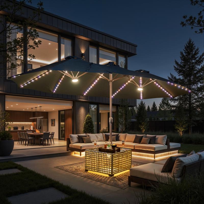 【Solar Lights Umbrella & Table】Ovios 15ft Double-Sided Patio Solar Lights Umbrella with 25" Coffee Table , Outdoor Large Umbrellas with Crank Handle and 36 LED Lights, Rectangular Market Umbrella with Base Included for Deck Pool Shade
