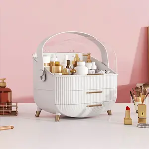 Large Oval Makeup Storage Case Transparent Protective Lid Portable Grip Handle Internal Tiered Compartments for Daily Beauty Essentials Skincare Makeup Brushes Bathroom Safe Construction Bedroom Vanity Countertop Non Slip Base Stability Before Chaos