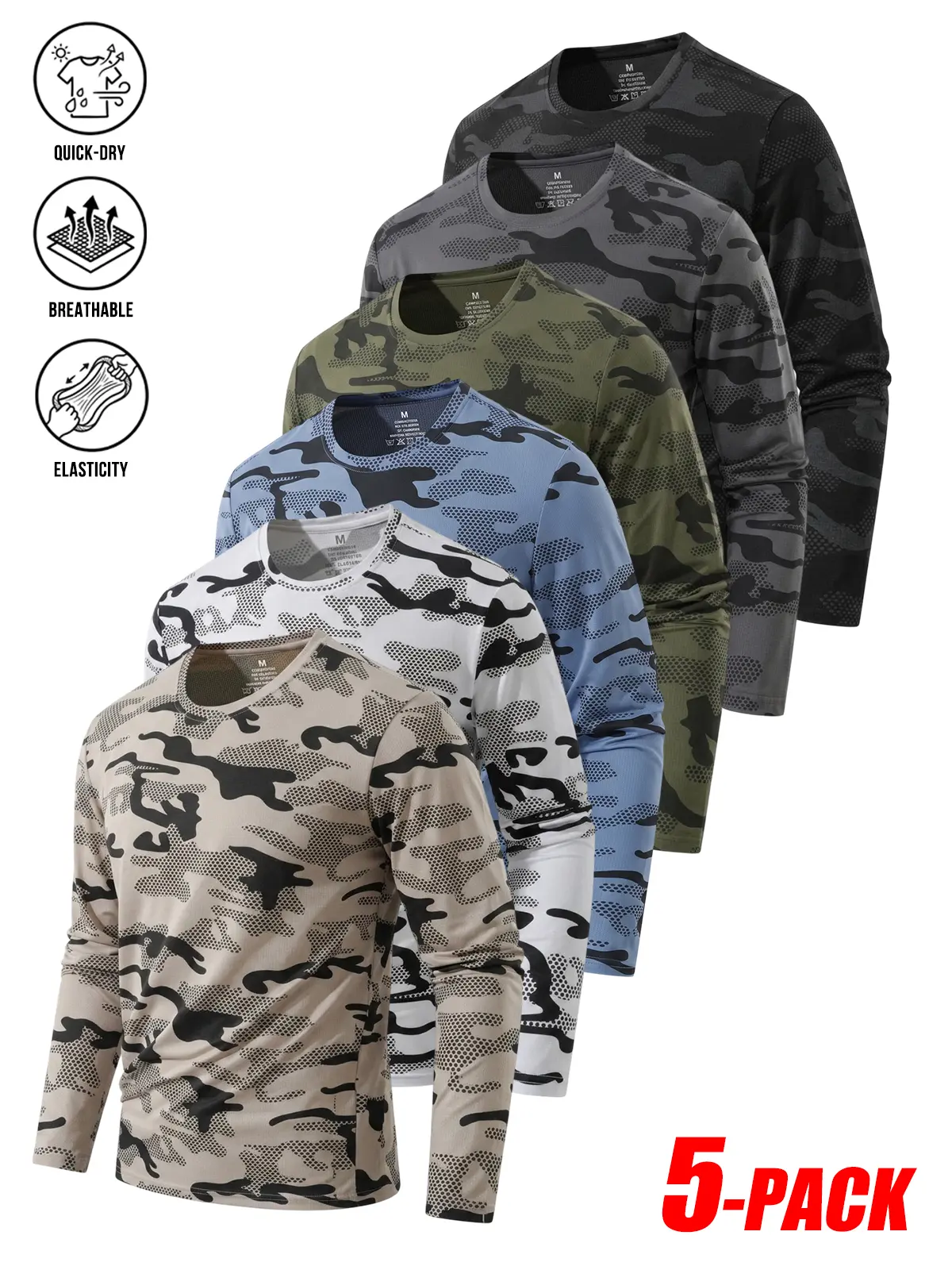 5-PACK Men's Dot Mesh Camouflage Long Sleeve Athletic Shirts, Quick Dry Breathable Elastic Fabric, Crew Neck Performance Active Tops, Clean Fit Minimal Urban Active Streetwear Shirts For Running Gym Training Outdoor Sports Daily Outfit Value Pack