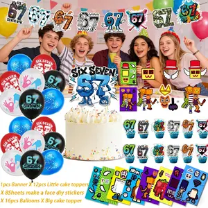 Funny Brainrot 67 Meme Birthday Decor Set, Italian Brainrot Theme with Banner, Cake Topper, Balloon, 8 DIY Stickers for Cartoon Party