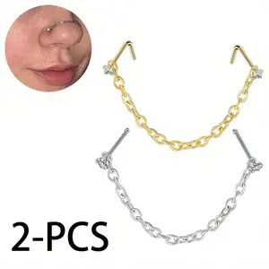 2PCS Stainless Steel Double Nose Piercing Jewelry Set Nose Piercing L-shaped Nose Studs Nostril Chain Sparkling Cubic Zirconia Nose Nail Rings Body Piercing Chain Jewelry Golden & Silvery Set