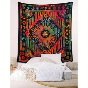 1Pc Burning Sun Tapestry Tie Dye Celestial Poster Aesthetic Bedroom Tapestrys Moon Star Tarot Wall Hanging Boho Hippie-Tapestry Wall Hanging Tapestry For Bedroom Living Room Dorm 110G ZST boys and girls room decor