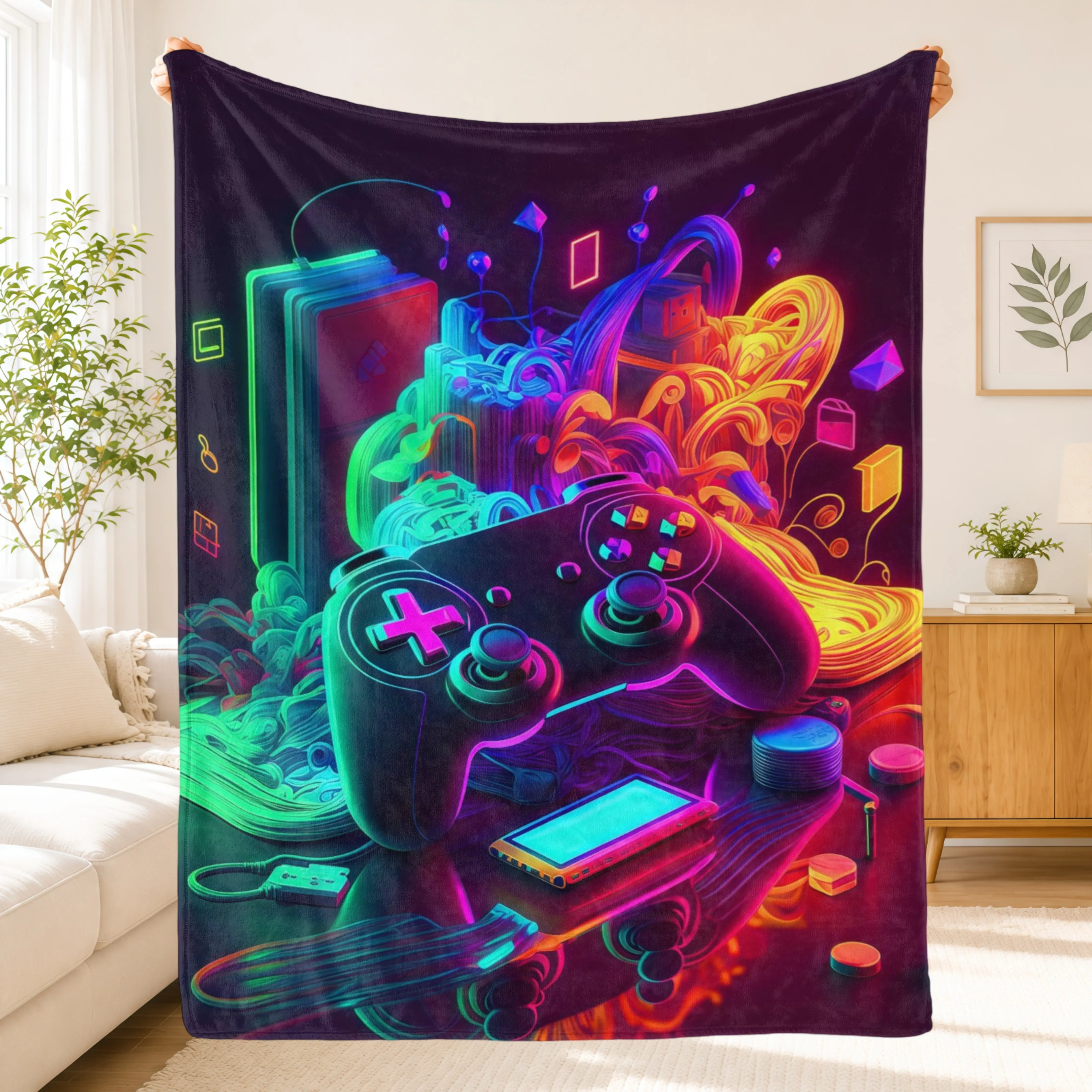 Neon Gaming Blanket,RGB Game Controller Gamer Soft Flannel Throw Blanket,Colorful Video Game Cyberpunk Cozy Lightweight Blanket for Bed Couch Sofa Gaming Room Bedroom Decor,Birthday Christmas Gift for Boys Teens Men Gamers