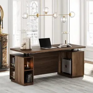 70" Standing Desk with Storage, Executive Electric Sit-Stand Desk with AC/USB Outlets, Privacy Panel, Large One-Piece Desktop, Fluted Computer Desk, Black Walnut