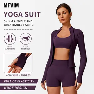MFVIM 3-Piece Women's Sportswear Set - Solid Color Cross Short Top High-Waisted Leggings Zip Jacket Ultra-Comfortable Yoga Outfit For Fitness Running Gym Sessions Training Clothes Stretchable Activewear