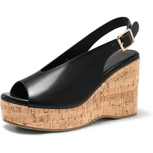 Coutgo Women's Heeled Footwear - Elegant, Stylish, Fashion Open Peep Toe Slingback Cork Platform Wedge High Heels, Summer Beach Shoes outdoorfun