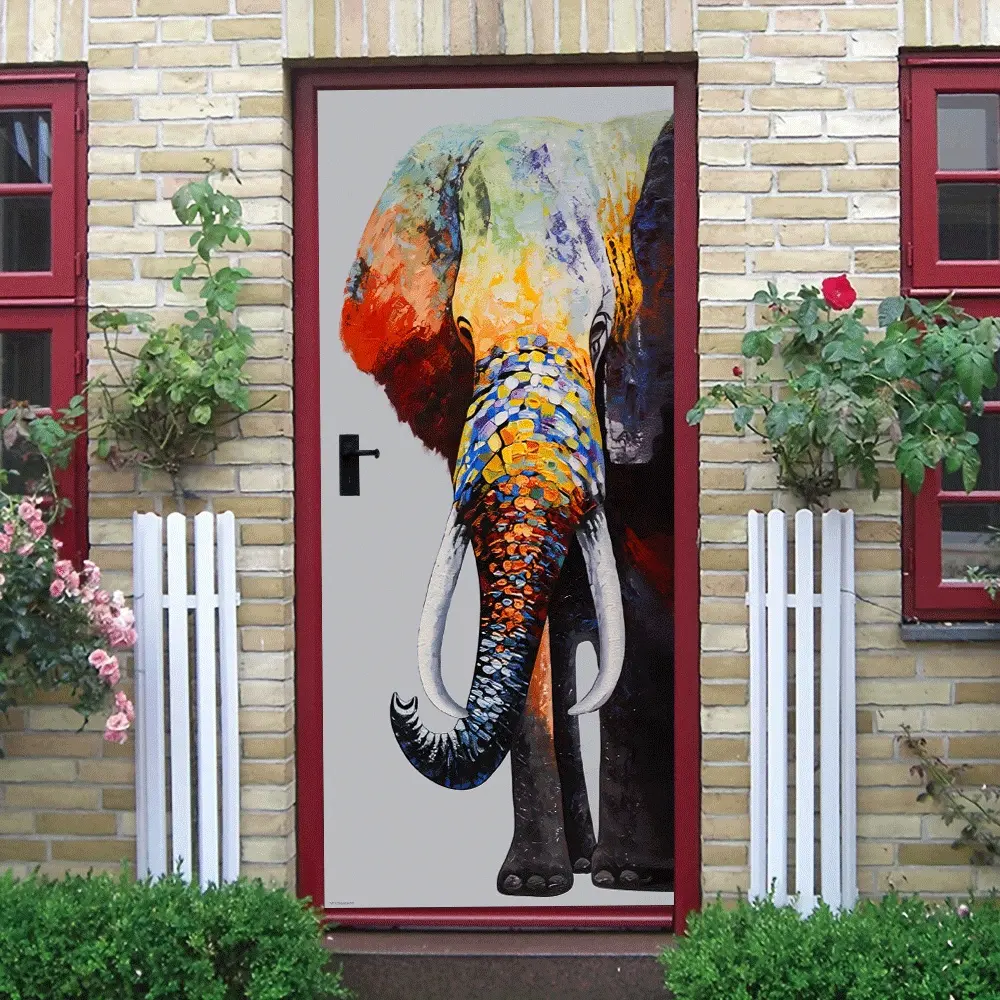 2pcs Colorful Elephant Art Wall Sticker Modern Abstract Animal Decor Decal Self-Adhesive Wallpaper for Living Room Bedroom Background Removable Waterproof Home Wall Decoration Painting Collage Self-Adhes