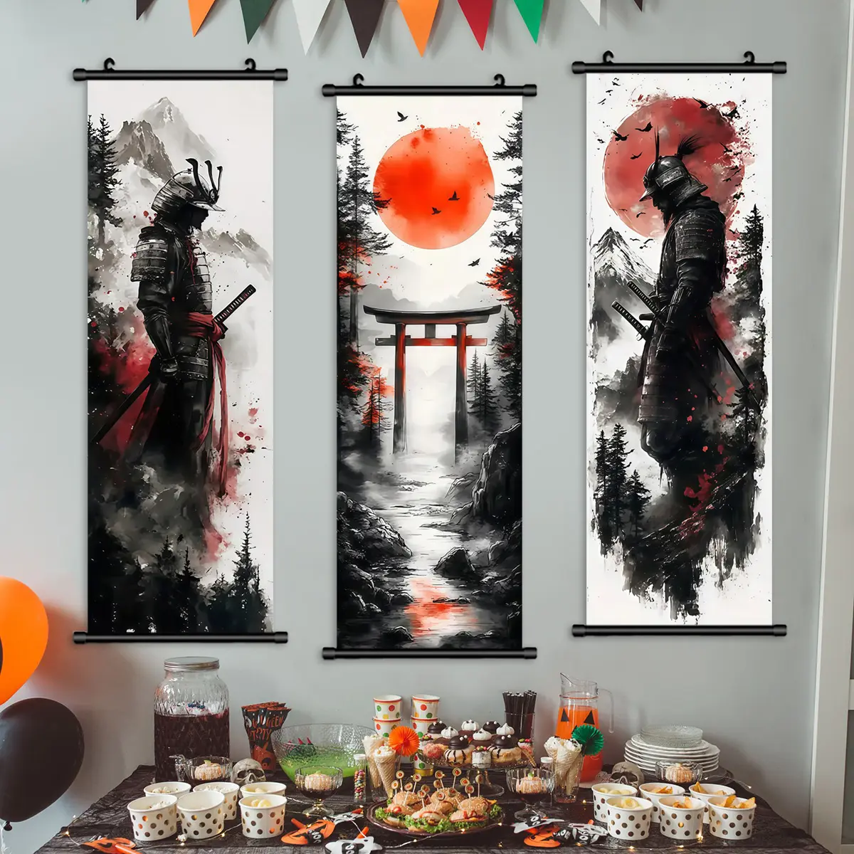 3-Piece Hanging Banners, Ink Wash Style Samurai & Shrine Landscape Art Posters, Picture Image Prints, Creative Design Print, Modern Living Room Decor, Waterproof Wall Art, Modern Home Decor