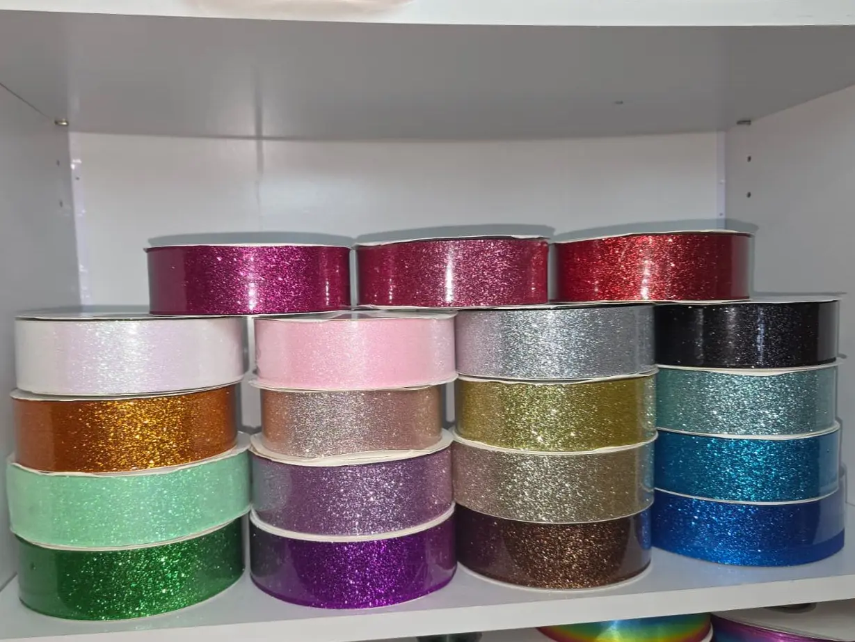 Premium Single-Sided Glitter Decorative Ribbon, 50 yds, 4cm - Adds Elegant Sparkle for DIY Crafts, Small Businesses, Holiday Decorations, Office Stationery, Gift Wrapping