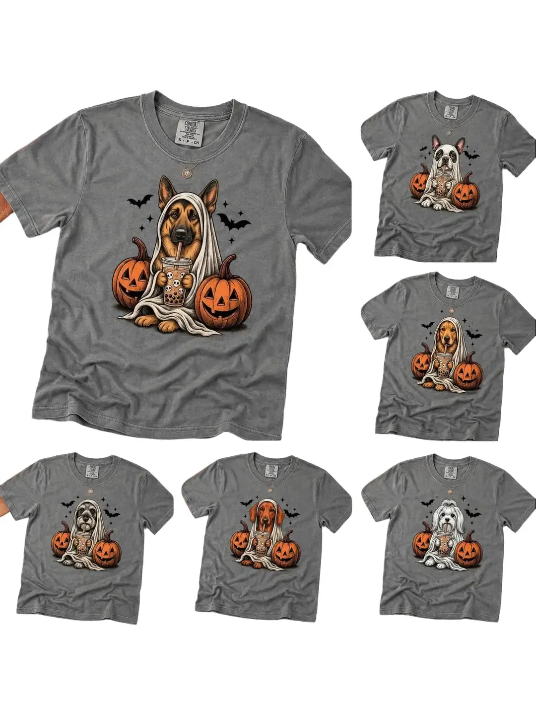 Women's Graphic T-Shirt with Custom Dog Breed, Funny Halloween Ghost & Boba Tea Print, Casual Vintage Style 100% Cotton Top, Tops, Digital Print, Shortsleeve, Round Neck, Fade-Free Ink, Soft Cotton, Unisex Wear, Fast U.s. Shipping
