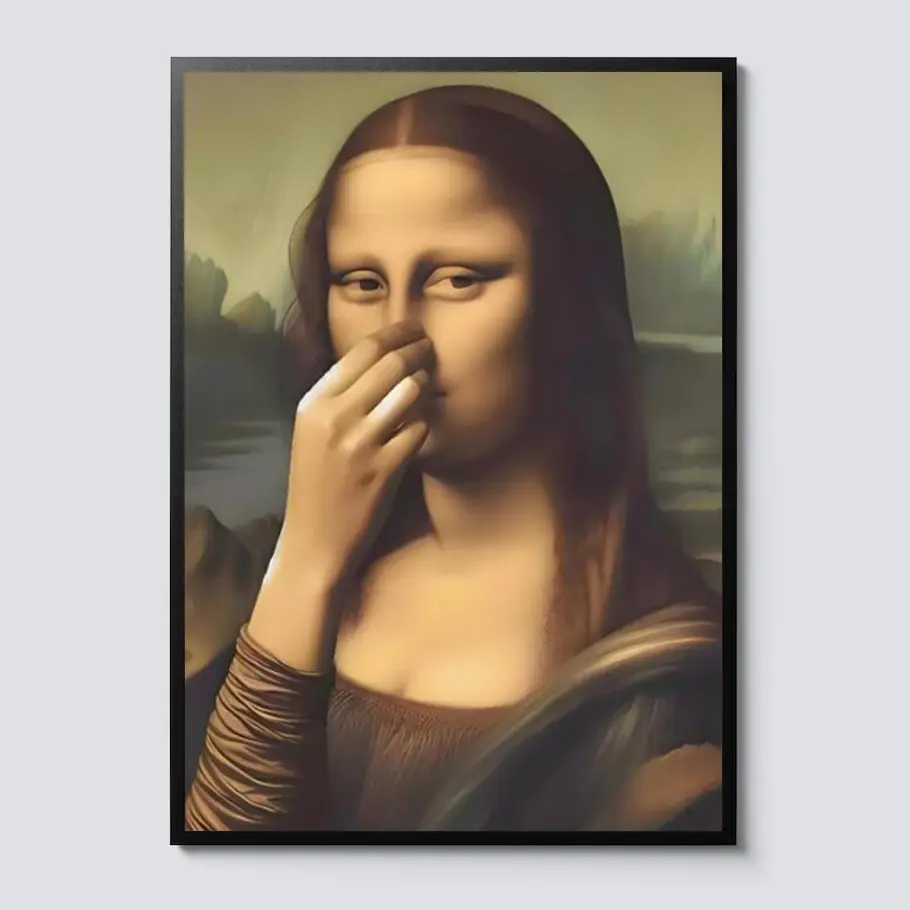 Artistic Woody Funny Mona Lisa Parody Graphic Art Print - Humorous Pop Culture Meme Canvas Painting with Eclectic Animal-Infused Design, Decorative Home Decor for Kid Room, Bathroom, Woody Wall Art Accessory