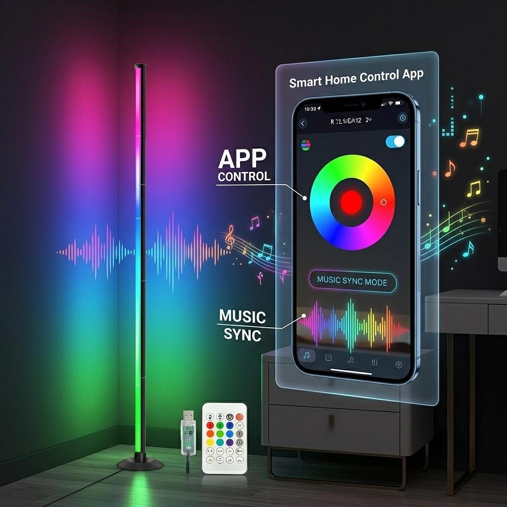 RGB Corner Floor Lamp with Music Sync, Smart LED Ambient Light with App & Remote Control for Bedroom, Gaming Room & Living Room Decor RGB Corner Floor Lamp with Music Sync, Smart LED Ambient Light with App & Remote Control for Bedroom, Gaming Room & Living Room Decor