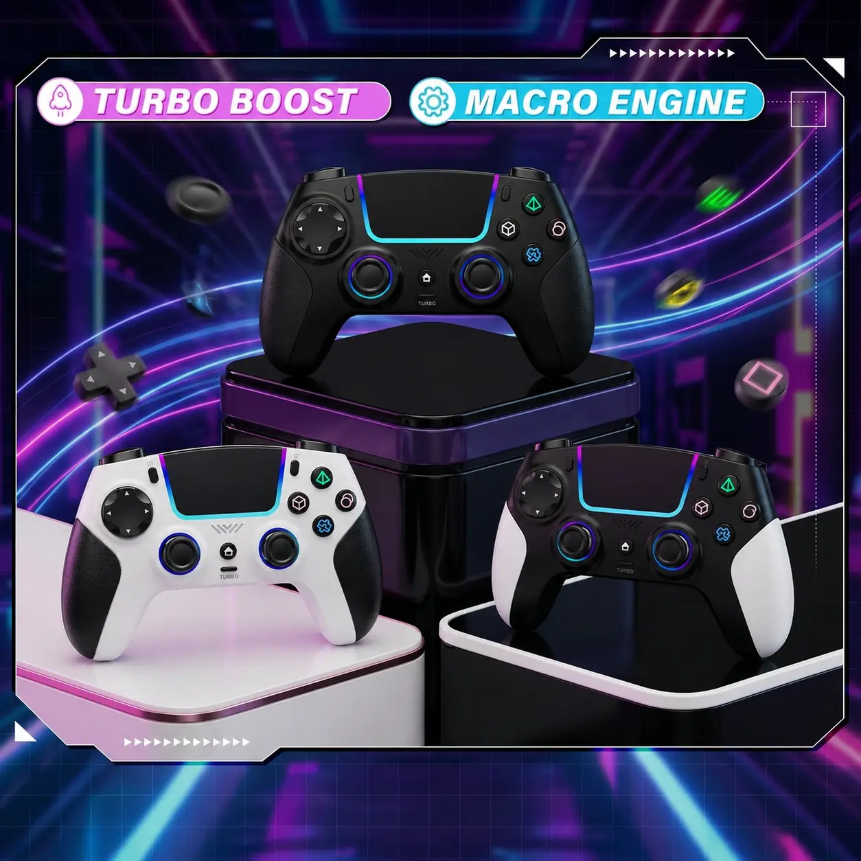 FLIRESY Anti-Drift Wireless Controller for PS5, RGB LED Lighting, Turbo Function, Dual Vibration, 6-Axis Gyro Sensor, Touchpad, Ergonomic Design, Compatible with PS5/PC/Mac/iOS/Android/Steam&1500mAh Fast-Charging Battery