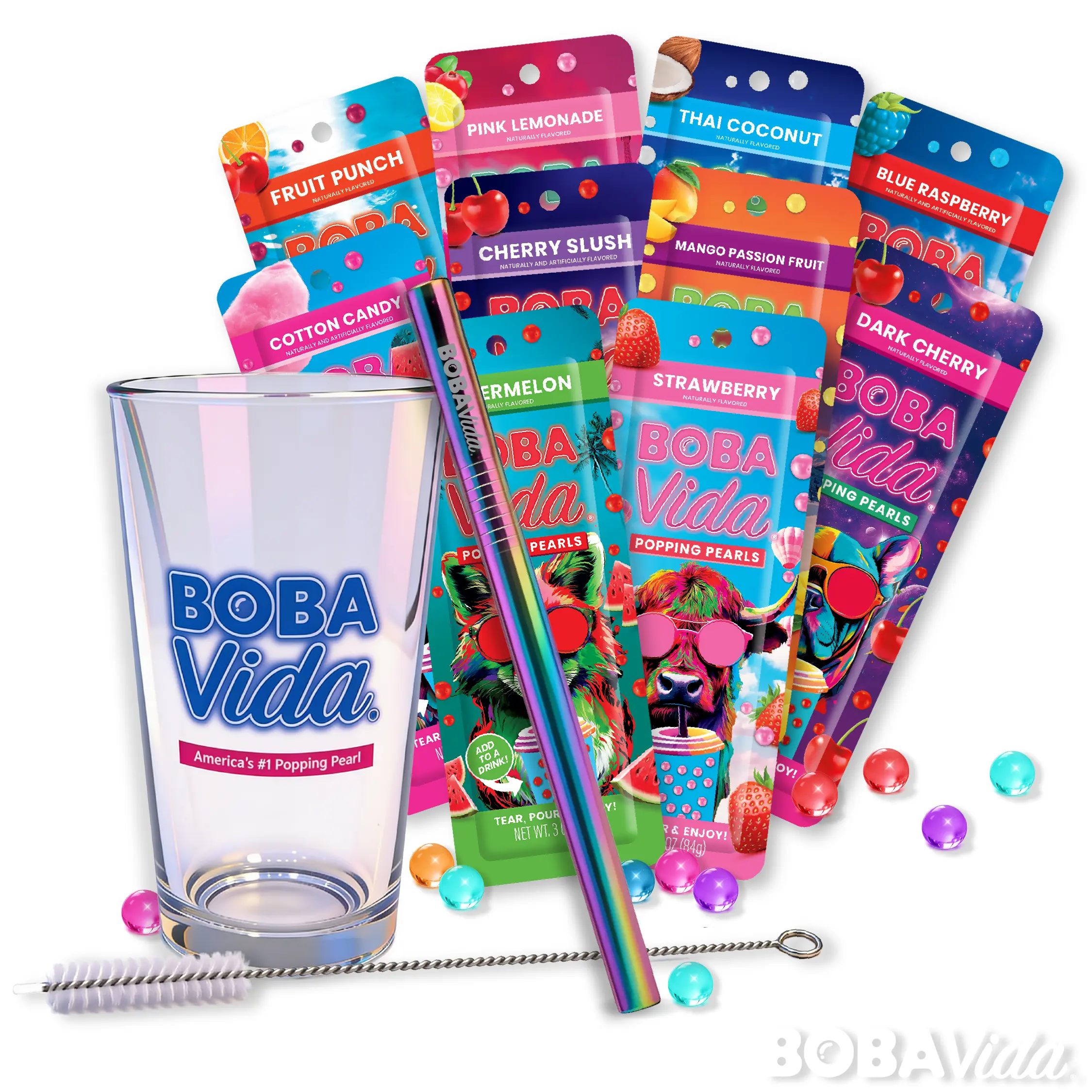 Variety Sip Kit – Assorted Popping Boba 10-Pack with Reusable Pint Glass, Stainless Steel Straw, and Cleaner (Limited Edition)