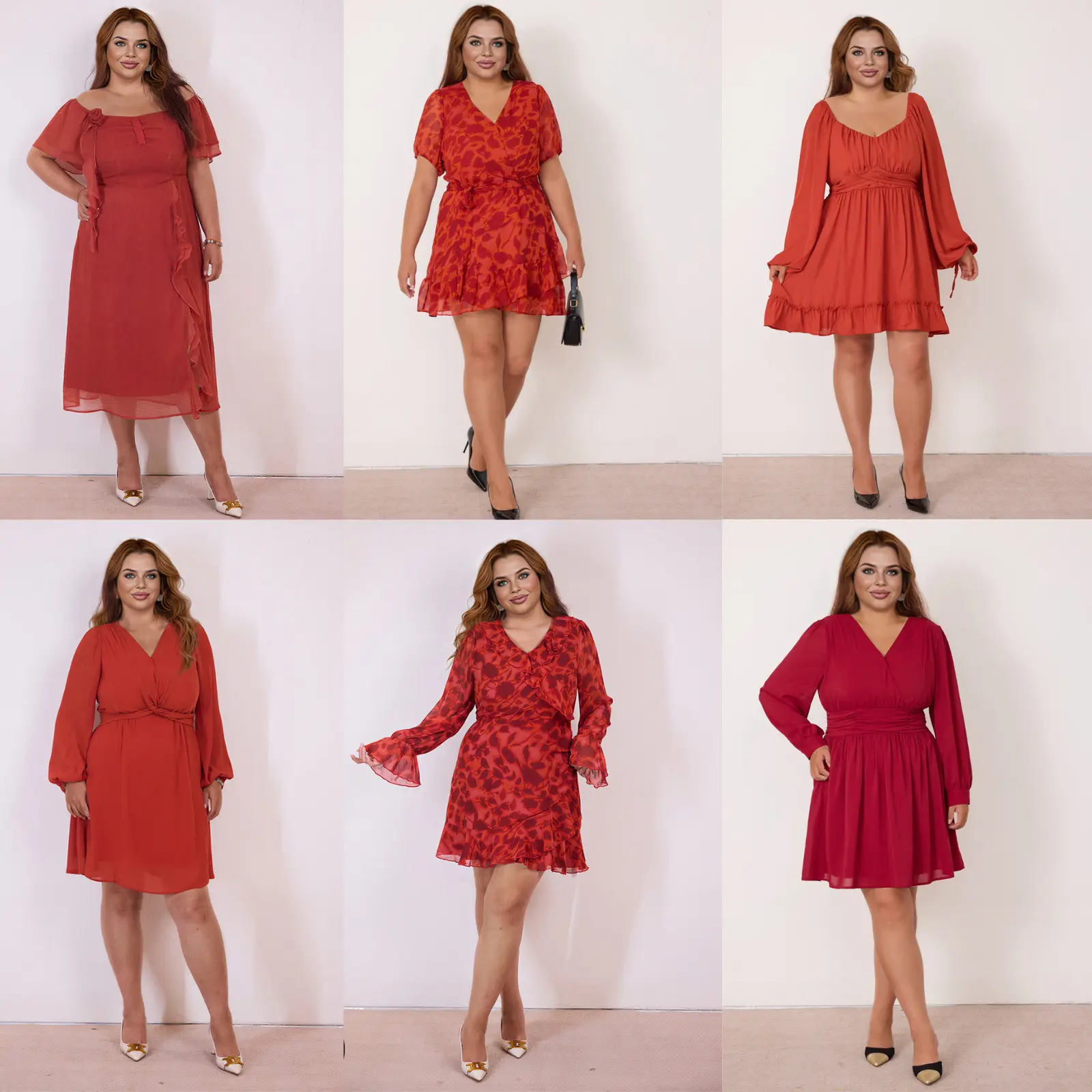 Plus-Size Flattering Retro Red Dress Collection: French Square/V-Neck, Ruched Waist, Chiffon Print/Solid, Midi/Short Length for Dating & Office