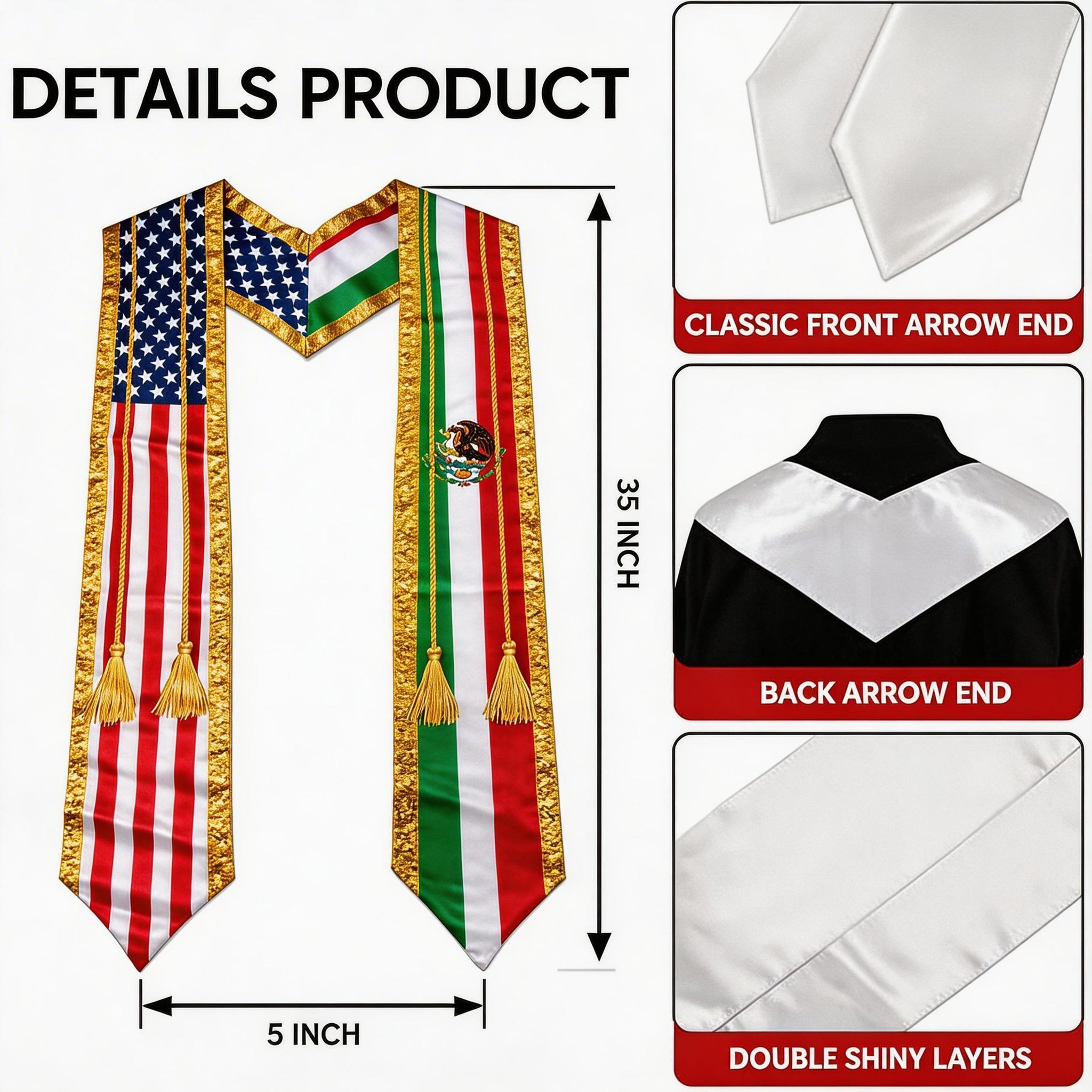 Virgen de Guadalupe Graduation Stole 2025/2026 Mexican Black Sash with Butterflies Gold Trim Satin Fabric Red Accents Cultural Pride Shawl