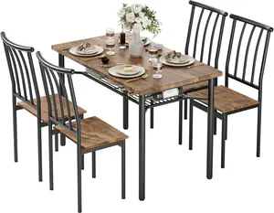 Dining Table Set for 4 with Adjustable Feet, Kitchen Table with 4 Chairs with Wine Rack, Wood Kitchen Table Chairs Set of 4 for Small Space, Kitchen Room, Apartment, Rustic Brown