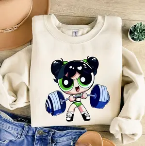 Bubbles #Powerpuff Strong Girls Sweashirt, Cute Cartoon Weightlifting Tee, Gym Shirt, Graphic Gym Shirt, Vintage Washed Tee Cotton, Gym Shirt Women, For Men, Full Size