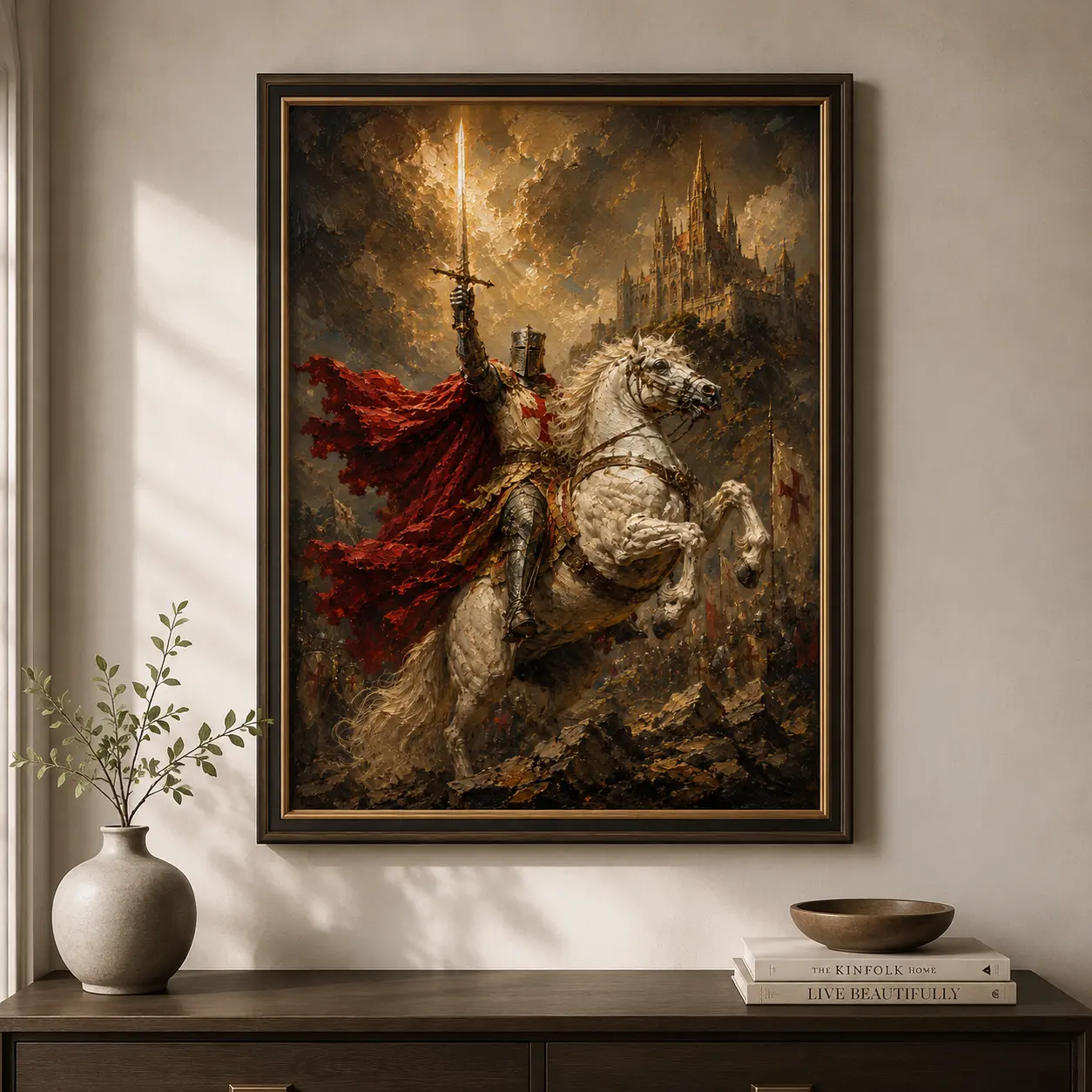 Epic Crusader Knight on Horseback Oil Painting Poster – Medieval Fantasy Wall Art