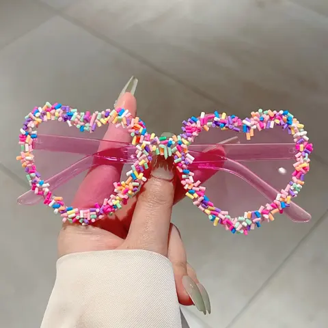Women's Heart-Shaped Frameless Glasses, Multi-Color Lenses, Unique Colorful Tube Decor, Fashionable Cute Accessory Eyewear, Trendy Shades