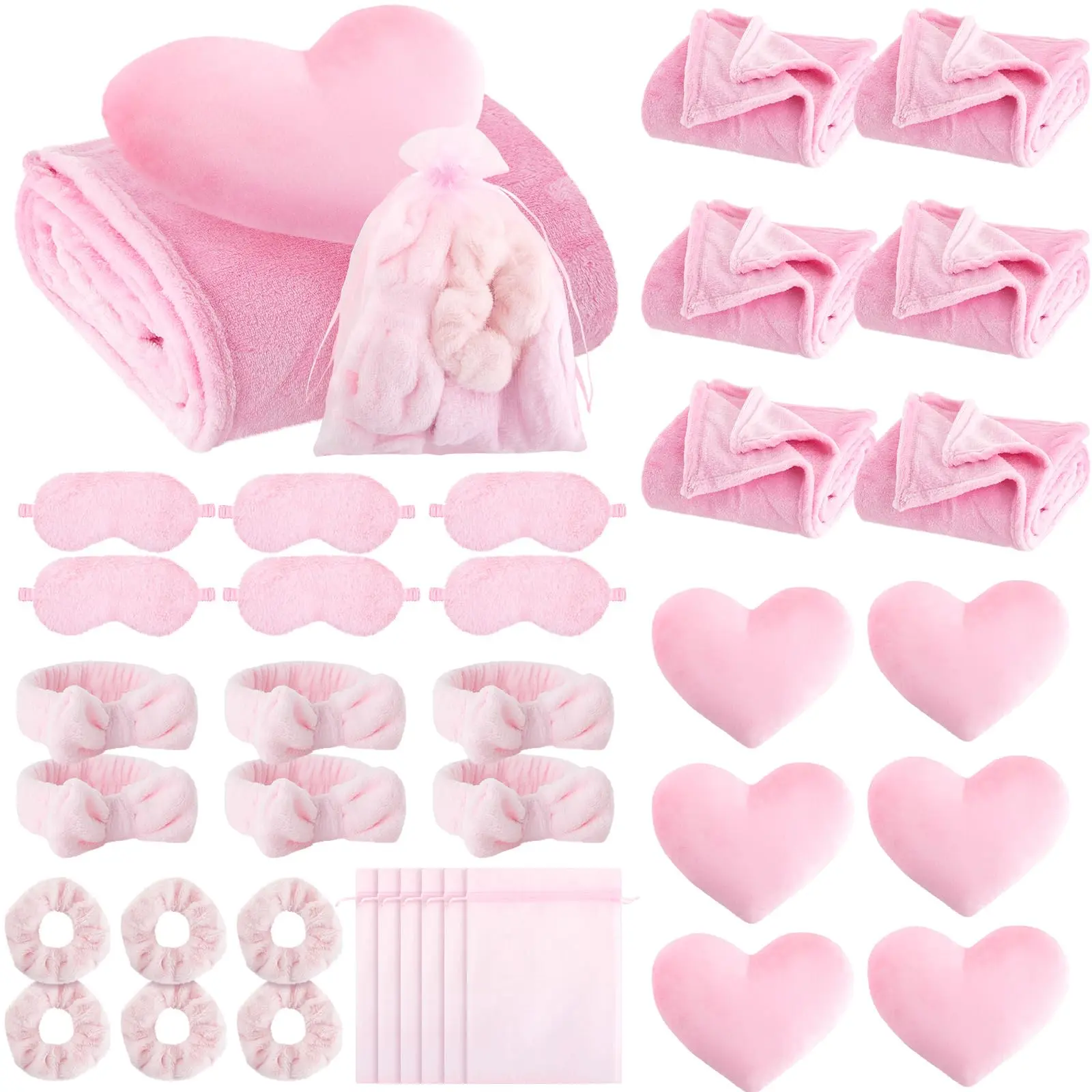 6 Spa Party Favors Sets, Bulk Gifts for Girls and Women, Includes Soft Blankets,  Heart-Shaped Pillows,Hair Scrunchies,  Plush Headbands, Sleep Masks, and Gift Bags, Aesthetic Skincare Accessories Kit for Birthday, Sleepover, and Graduation,, Womens Gifts