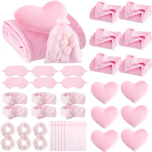 6 Spa Party Favors Sets, Bulk Gifts for Girls and Women, Includes Soft Blankets,  Heart-Shaped Pillows,Hair Scrunchies,  Plush Headbands, Sleep Masks, and Gift Bags, Aesthetic Skincare Accessories Kit for Birthday, Sleepover, and Graduation,