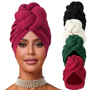 4pcs Pre-Tied Knotted Turban Hats - Soft Polyester Floral Headscarf Caps in Red, Black, White & Green, Retro Style Hair Wrap for Women, Fashion Headwear|   Retro Style Turban|   Soft Texture, Hair Scarf