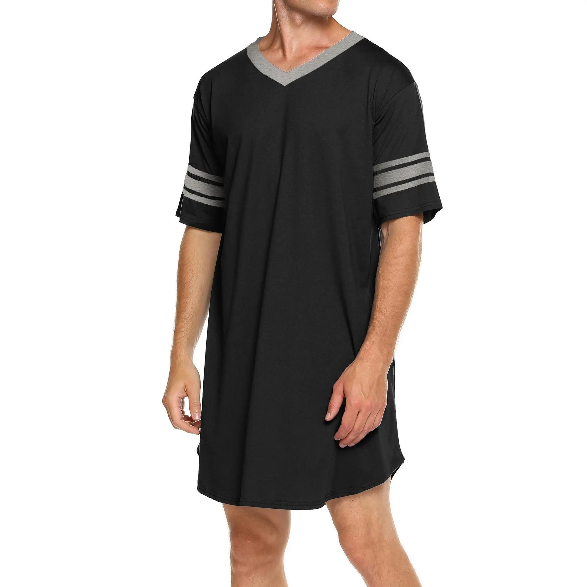 Men's V-Neck Short-Sleeve Plain Spandex Blend Polyester Knit Stretch Sleepshirt - Soft, Loose Fit Loungewear Nightwear, Plus Size Pajama Top Compatible with Robe Sets, Cotton, Fabric, Knitting, Casual, Asymmetrical, Dry Clean, Machine Washable, Medium Str