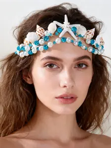 Boho Mermaid Bride Hair Hoop, Versatile Shell Starfish Conch Pearl Princess Headband, Elegant Wedding Accessory