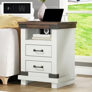 VanAcc Farmhouse Nightstand with Charging Station, 18" Wood Rustic Night Stand with 2 Storage Drawers, Heavy Duty Bedside Sofa Side End Tables for Bedroom, Living Room
