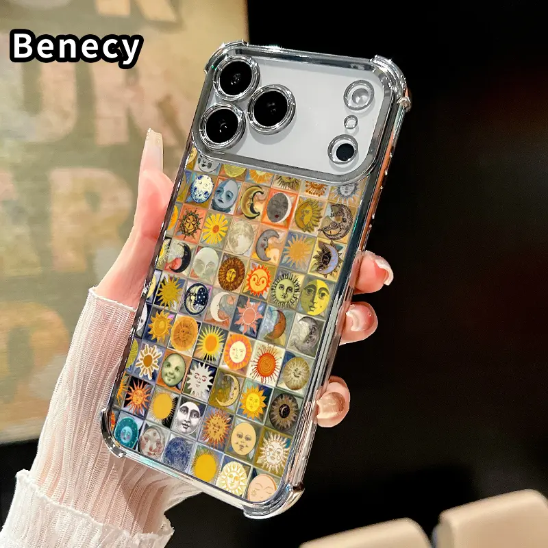 Compatible with iPhone 17 Pro Max 16 15 Plus Air 14 13 12 11 E Case Solar - Lunar Tapestry Pattern Clear Protective Four Corners Air Cushion Anti-drop Shockproof Cellphone Casing
