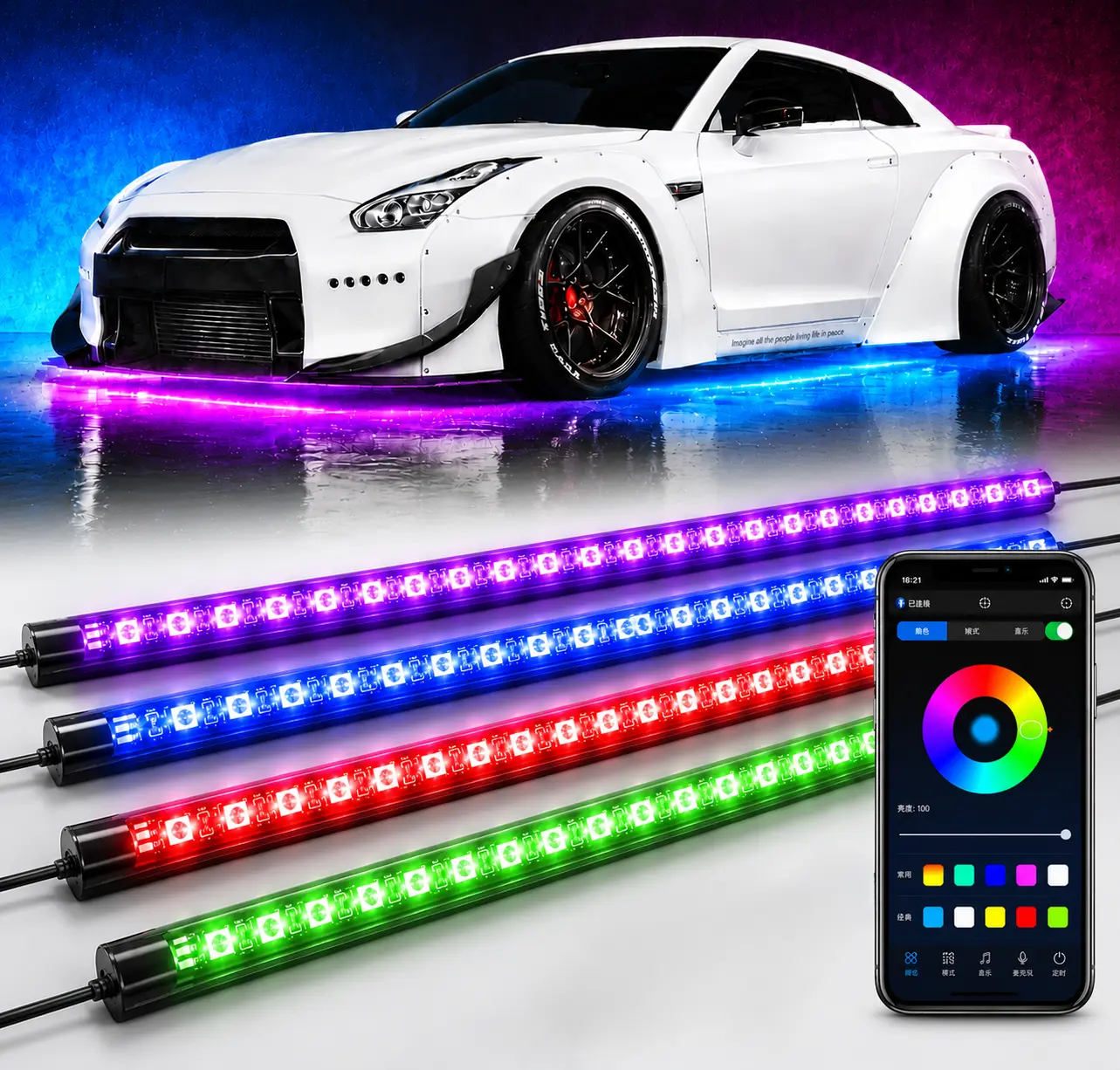 4PCS LED Neon Tube Underbody Light Strip Kit, RGB Car Underglow Lights, APP & Remote Dual Control Music Sync Sound Activated IP68 Waterproof Exterior Ambient Under Car Glow Lighting, Modified Auto Decor Accessories for Cars SUVs Trucks Pickup Vehicles