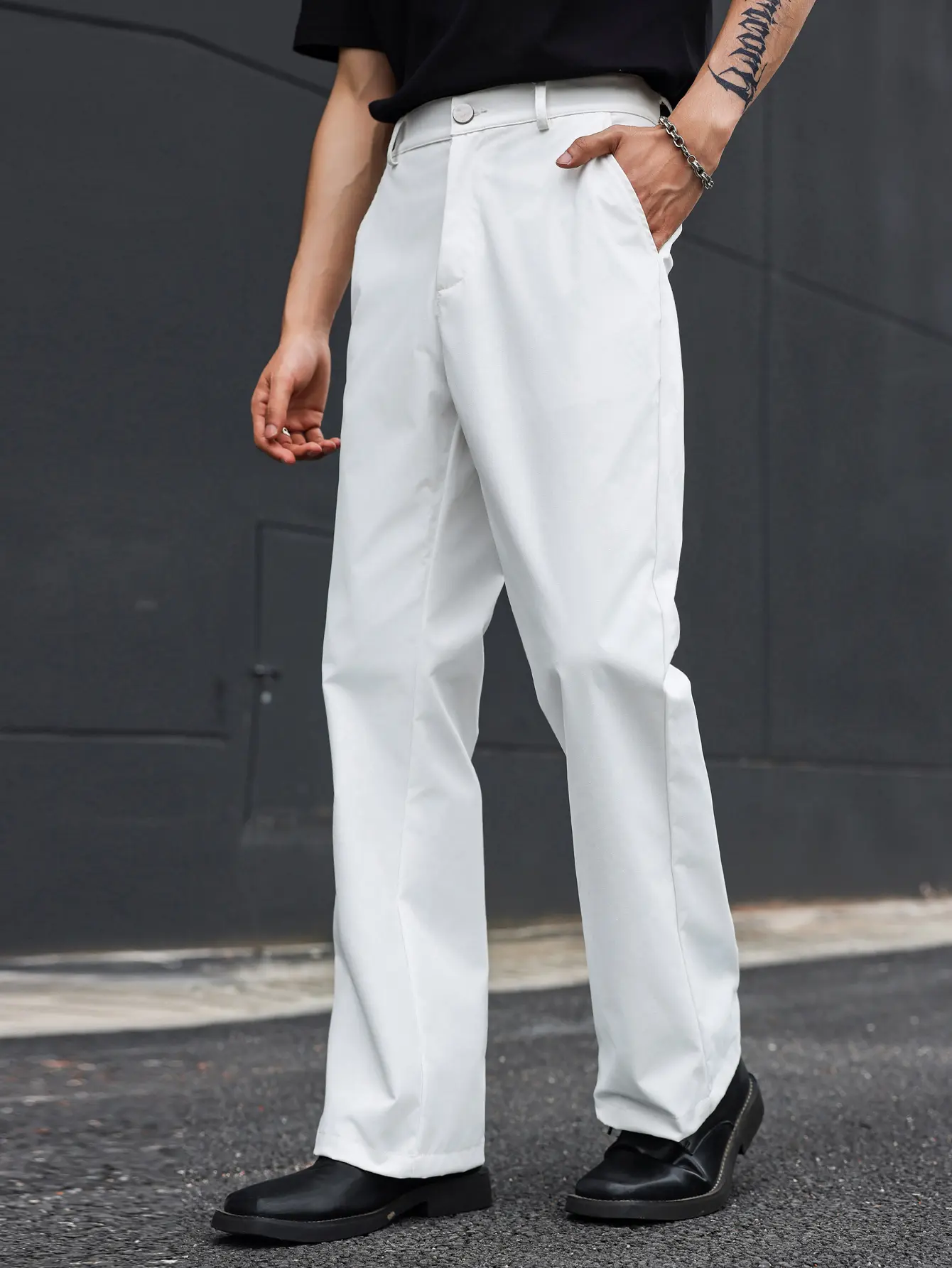 Menswear High-Waisted Structured Plain Formal Pants - White, Drapey Straight Cut, Loose Fit, Breathable, Casual, Classic, Comfortable, Versatile, All-Season, Ideal for Everyday Commuting & Multi-Scene Styling, Breathable Men's Pants