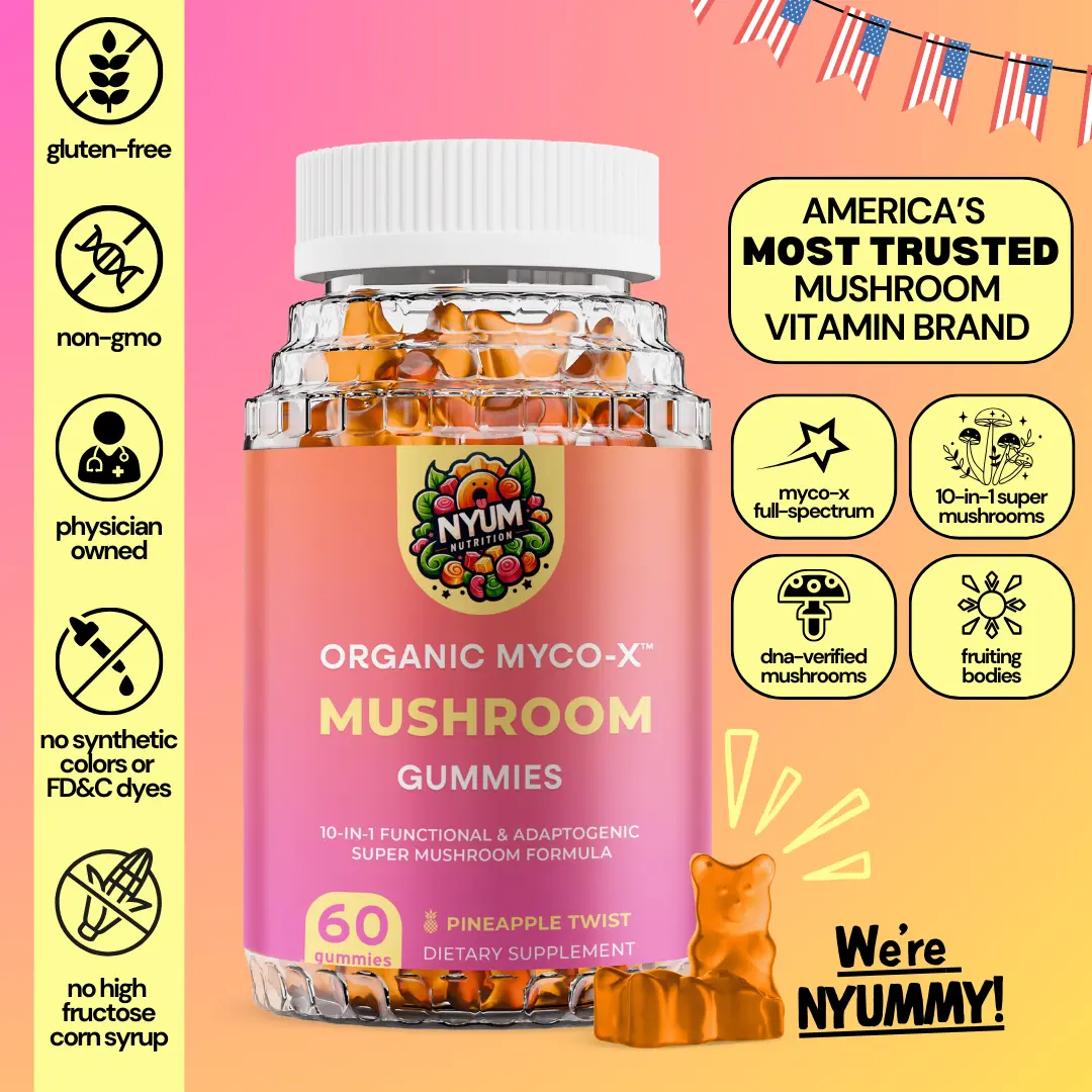 Nyum Nutrition Organic MYCO-X Mushroom Gummies - Pineapple Twist, All-in-One Super Mushroom Supplement for Brain & Immune Support. Vegan, Non-GMO, Gluten-Free, Gelatin-Free. Made in USA, 60 Gummies