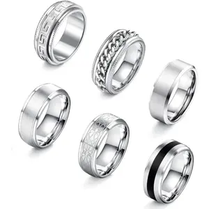 Cassieca 6PCS Stainless Steel Spinner Rings 6/8MM Black Cool Chain Design for Men Women Anxiety Stress Relief Fashion Wedding Promise Band Size 7-13 Trendy Jewellery Accessories