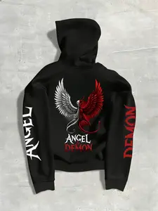 Men's Loose Fit Graphic Letter Wings Print Hoodie Sweatshirts Pullover with Drawstring, Long Sleeve, Streetwear, Boyfriend Gift, Casual Fall & Winter Fashion