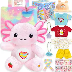Summer Spring Gift Cute Axolotl Plush Gift Set with 12 Pcs Clothes & Accessories, 13-Inch Axolotl Stuffed Animal with Plush Tote Bag, Dress-Up Plush Toy, Birthday & Graduation Gift for Girls Ages 5-12