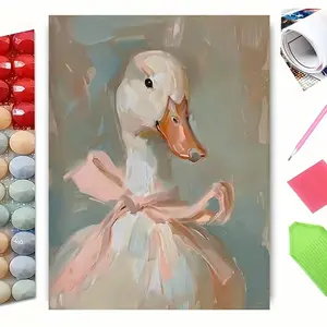 5D Diamond Painting Kit - Elegant White Duck with Pink Bow, Impressionist Oil Painting Art, DIY Wall Decor for Living Room, Perfect Gift for Duck & Art Lovers, Full Drill Crystal Craft Set