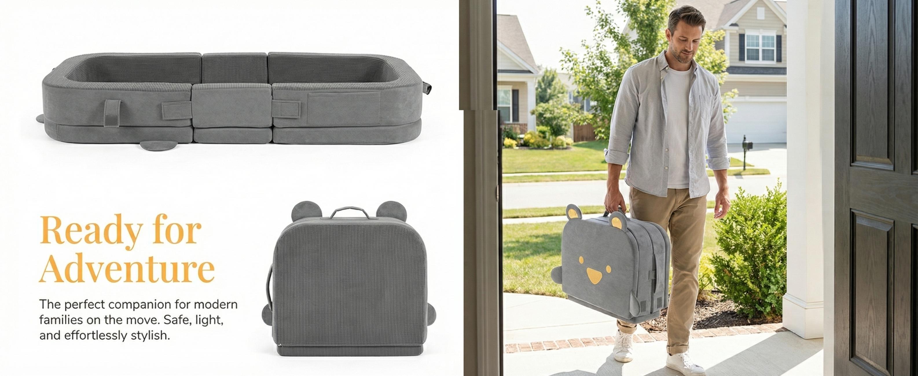 Foldable Toddler Travel Bed, Portable Toddler Floor Bed with Soft Foam for Baby and Kids Aged 1-4,with Washable Cover, Safety Rail, for Home,Hotel,Family Visits,Camping, Grey