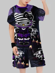 Boys' Dark Hello Kitty Set, Batwing Short Sleeves Shorts, Halloween Two-Piece, Casual Style, Random Print