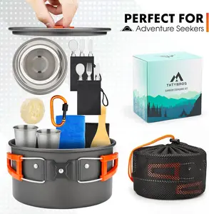 17pcs Camping Cookware Kit, 0.45Gal Pot, 7inches Pan,0.30Gal Kettle Set with 2 Set Stainless Steel Cups Plates Forks Knives Spoons for Hiking