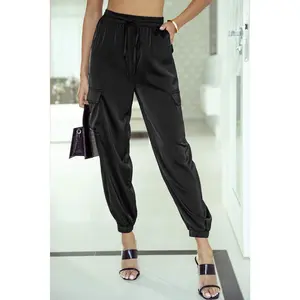 Black Satin Pocketed Drawstring Elastic Waist Pants