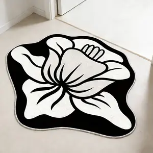 Minimalist black and white flower shaped carpet, Floral Area Rug, irregular shaped plush floor mat, entrance foyer anti slip foot mat, living room sofa decorative mat, suitable for modern minimalist/extremely simple style home decoration