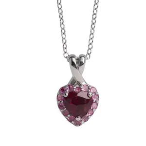 Sterling Silver Rhodolite Garnet Heart and Pink Sapphire Halo Pendant Necklace