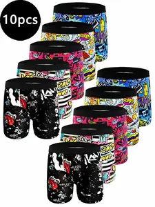 Men's Graffiti Print Stretch Boxer Set, 10 Pcs, Long Fashion Trunks, Breathable Soft Fabric, Comfortable Elastic, Perfect Fit, Convenient Multi-Pack