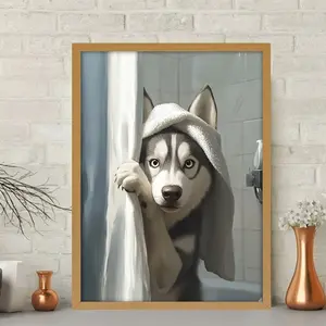 1pc, Siberian Husky Dog Bathing Poster, 12x16 inches, Framed Canvas Wall Art, Funny Shower Image, Bathroom Decor, Art Print for Home Bedroom Kitchen Living Room, Canvas Poster for Hotel Cafe Office Decor